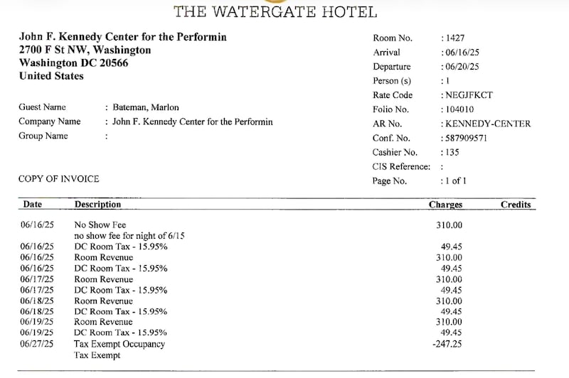 This was the bill racked by Brandon Marlow for the allegedly financially ruined Kennedy Center, including a night he didn't even turn up.