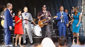 NEW YORK, NY - AUGUST 24: Fox anchors Steve Doocy, Rachel Campos-Duffy, Brian Kilmeade, Adam Klotz and Ainsley Earhardt and Brice Lee (C) attend "Fox & Friends"on August 24, 2018 in New York City. (Photo by John Lamparski/Getty Images)