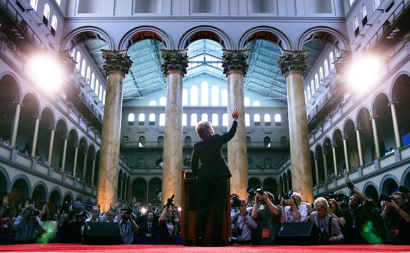 U.S. Sen. Hillary Rodham Clinton (D-NY) waves as she speaks to supporters at the National Building Museum June 7, 2008 in Washington, DC. Clinton thanked her supporters for standing behind her in one of the longest Democratic primary seasons in history and urged them to back Sen. Barack Obama (D-IL) to be the next president of the United States.