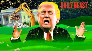 A photo illustration illo of Donald Trump for the Daily Beast podcast in a swampy white house reflecting pool.