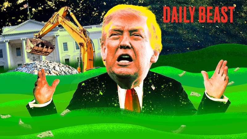 A photo illustration illo of Donald Trump for the Daily Beast podcast in a swampy white house reflecting pool.