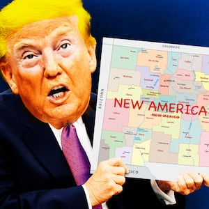 A photo illustration of Donald Trump holding up a map of New Mexico changed to New America.