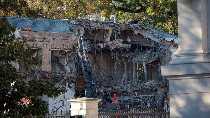 The facade of the East Wing of the White House is demolished by work crews on October 20, 2025 in Washington, D.C..