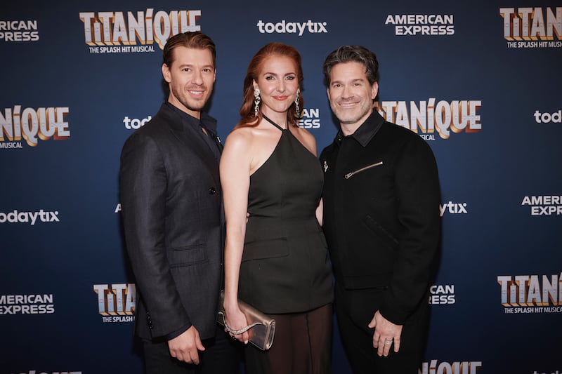 Constantine Rousouli, Marla Mindelle, and Tye Blue attend "Titanique" Broadway opening night at St James Theater