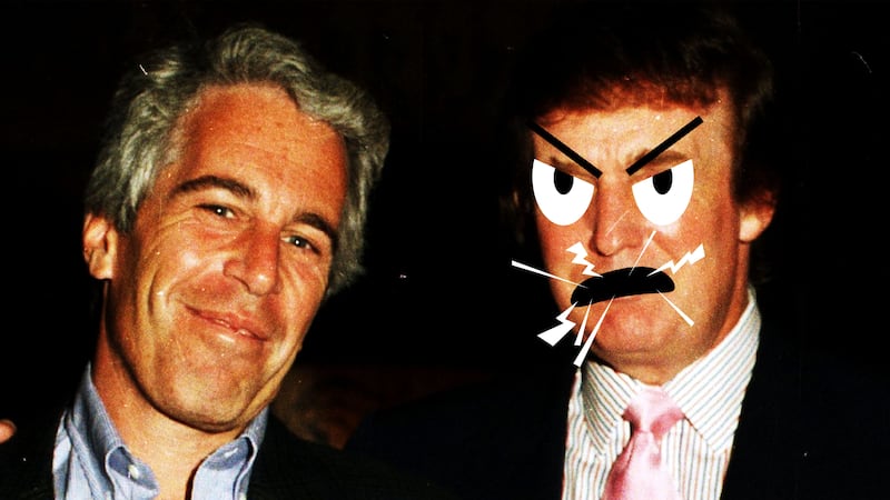 Donald Trump with cartoon angry eyes and yelling and Jeffrey Epstein
