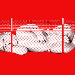 Baby behind a chain link fence with barbed wire
