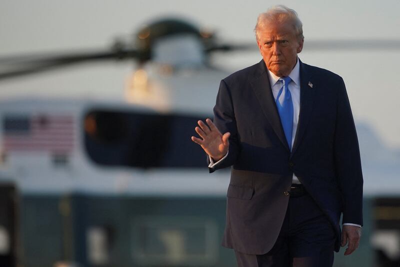 U.S. President Donald Trump walks with Marine one in the background, as he departs for New York City to attend the 80th United Nations General Assembly, at Joint Base Andrews, Maryland, U.S., September 22, 2025. Reuters/Al Drago