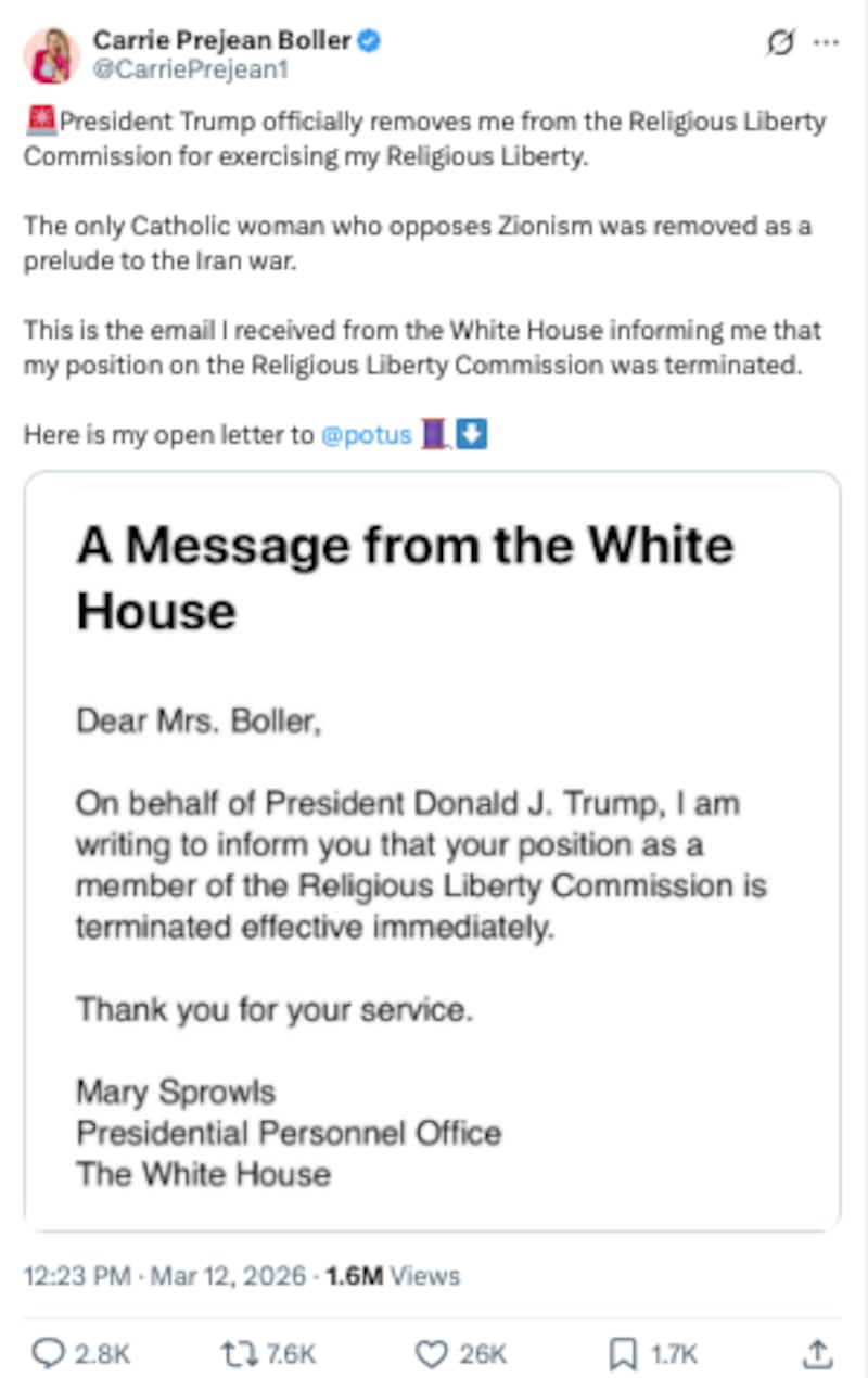 Boller posted an apparent message from a White House staffer telling her that Trump had terminated her role on the commission.
