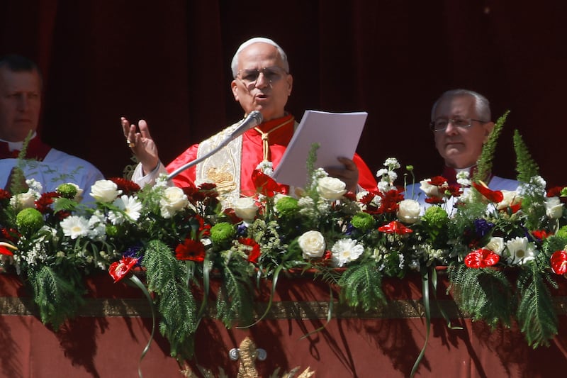 VATICAN CITY, VATICAN - APRIL 05: Pope Leo XIV delivers his 'Urbi et Orbi' (to the City of Rome, and to the World) blessing message from the central balcony of St Peter's Basilica on April 05, 2026 in Vatican City, Vatican. (Photo by Franco Origlia/Getty Images)