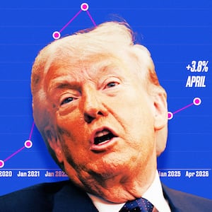 A photo illo illustration of Donald Trump in front of the CPI Inflation rate graph.