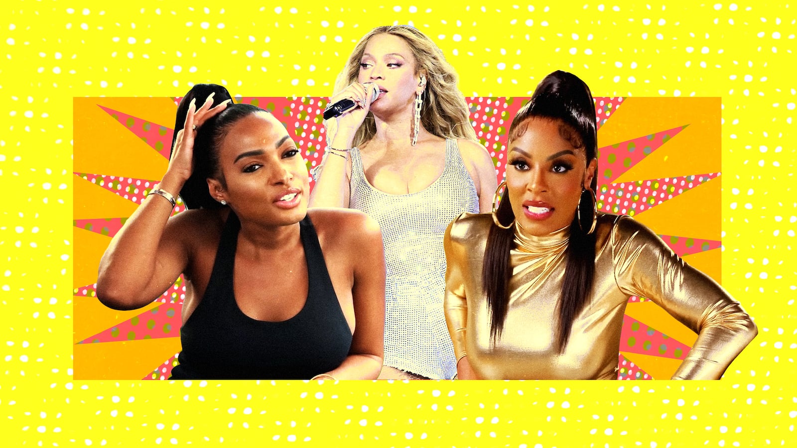 A photo illustration of Lesa Milan, Beyonce, and Caroline Brooks.