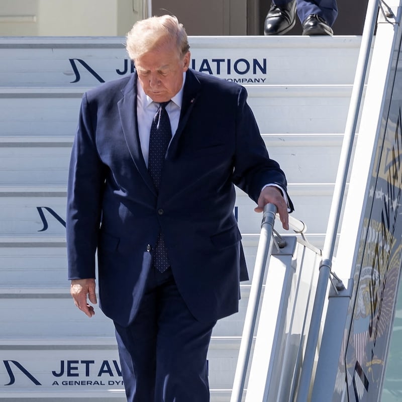 US President Donald Trump disembarks from Air Force One at Geneva Airport for France's G7 summit in Evian (France), in Geneva, Switzerland, Monday, June 15, 2026.  MARTIAL TREZZINI/Pool via REUTERS
