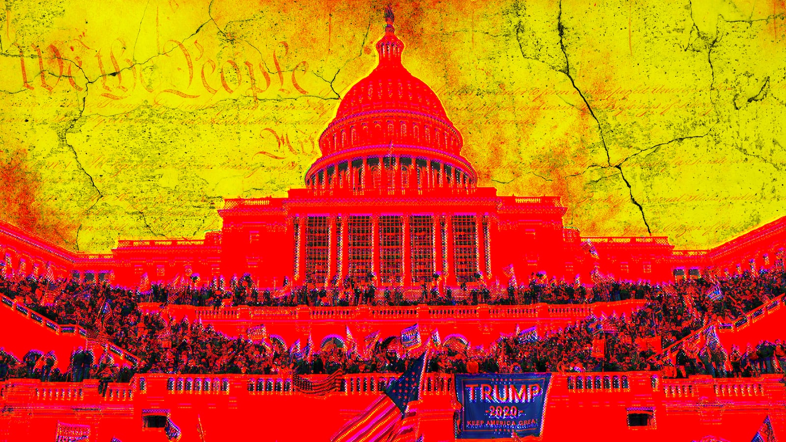 A photo illustration of Trump supporters during the US Capitol building riot on Jan. 6, 2021.