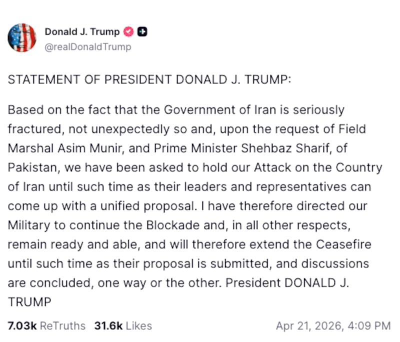 donald trump truth social iran ceasefire