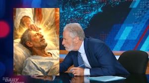 The Daily Show, Jon Stewart looking at a lookalike figure in Trump's Truth Social post.