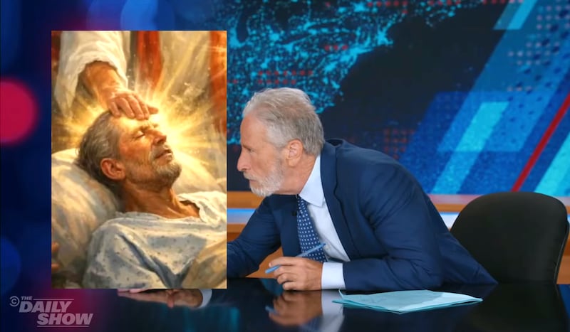 The Daily Show, Jon Stewart looking at a lookalike figure in Trump's Truth Social post.