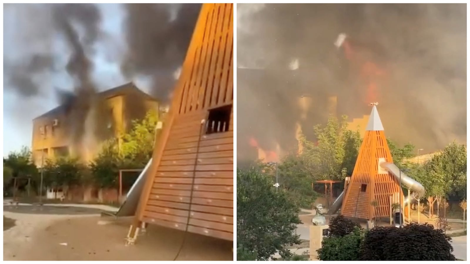 Side-by-side photos of a synagogue fire in Russia.