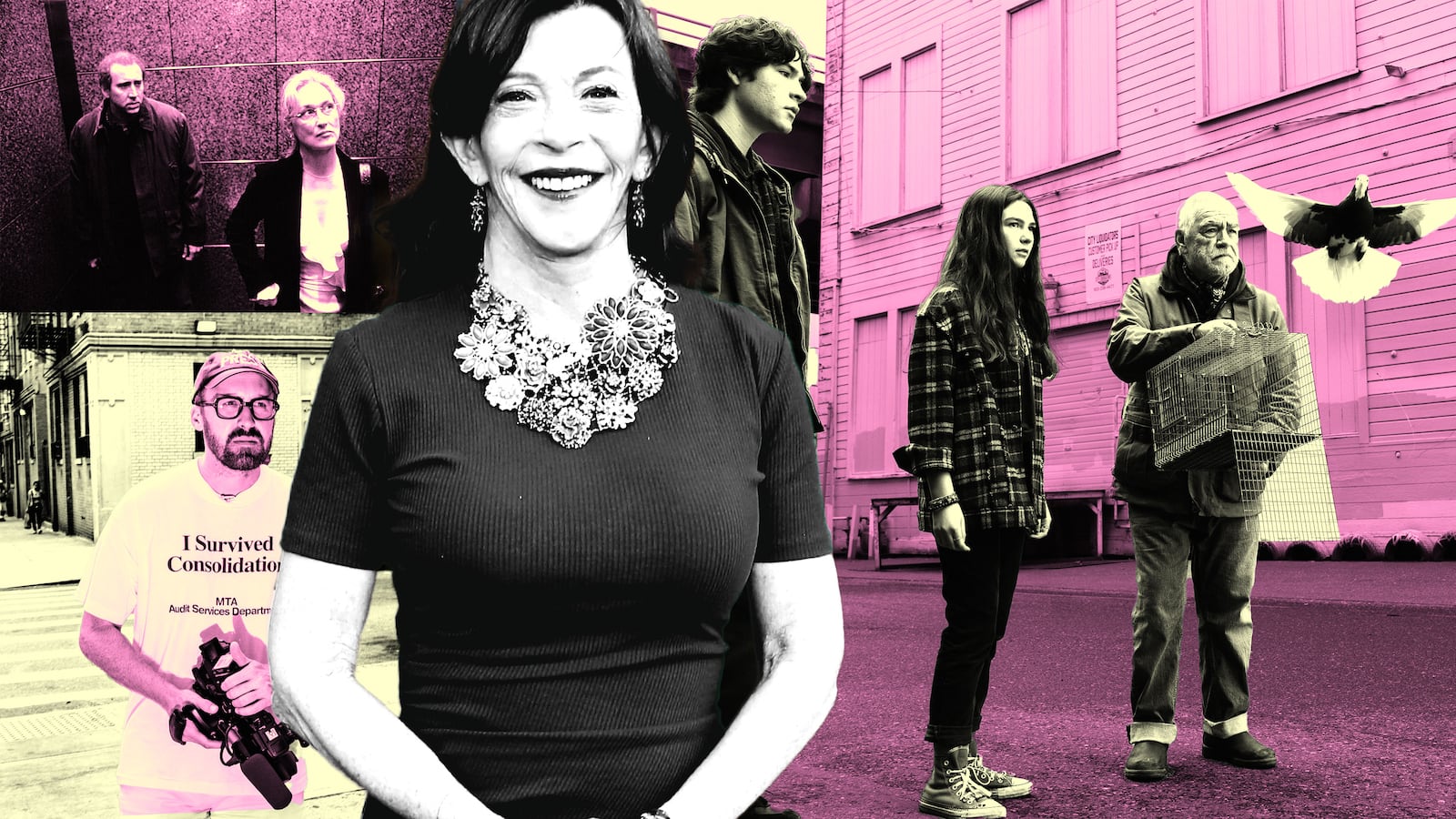 A photo illustration of Susan Orlean with stills from Little Wing, Adaptation, and How to With John Wilson behind her