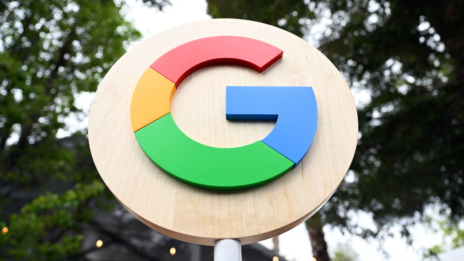 The Google logo is seen during the Google I/O annual developers conference at Shoreline Amphitheatre in Mountain View, California on May 10, 2023.
