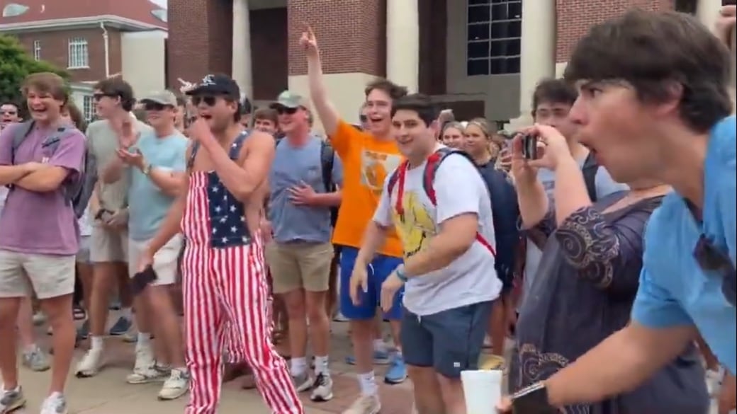Ole Miss counter protesters mocking Black protester (off screen) on Thursday, May 2, 2024