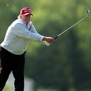 STERLING, VIRGINIA - MAY 25: Former President Donald Trump follows his second shot during the pro-am prior to the LIV Golf Invitational - DC at Trump National Golf Club on May 25, 2023 in Sterling, Virginia. (Photo by Rob Carr/Getty Images)