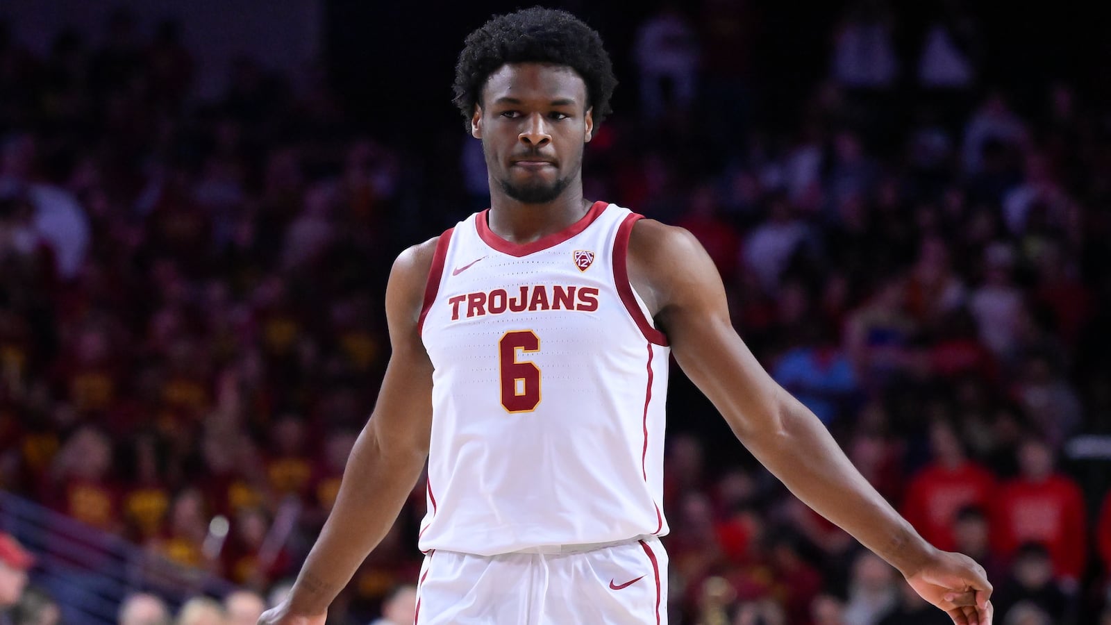 USC Trojans guard Bronny James (6) waits to shoot a free throw during the second half against the Long Beach State 49ers at Galen Center.