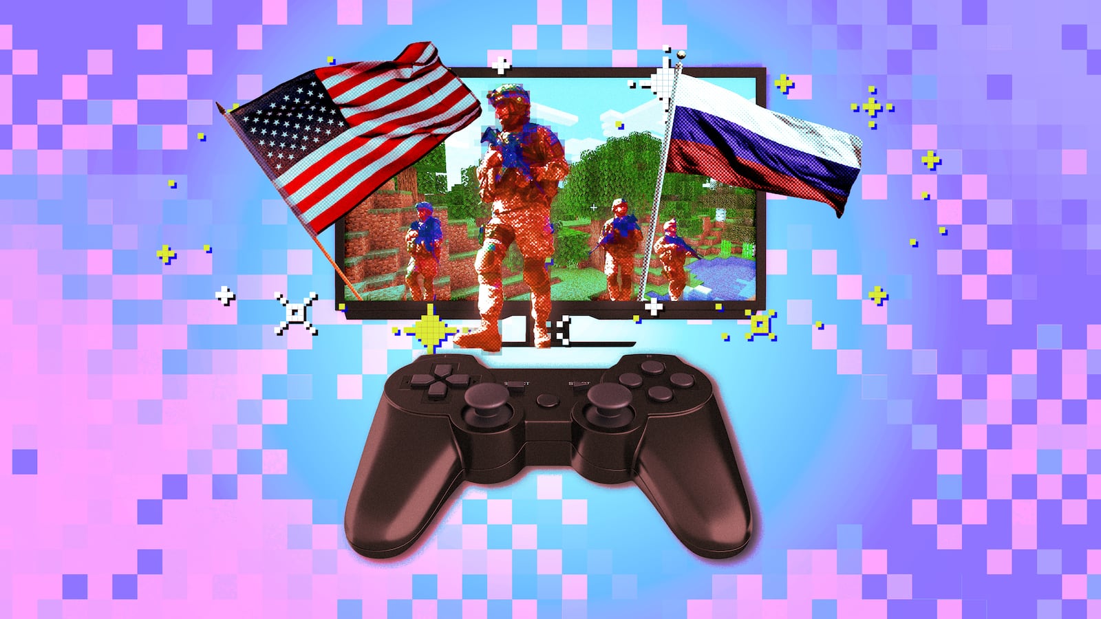 A photo illustration of a video game scene and soldiers.