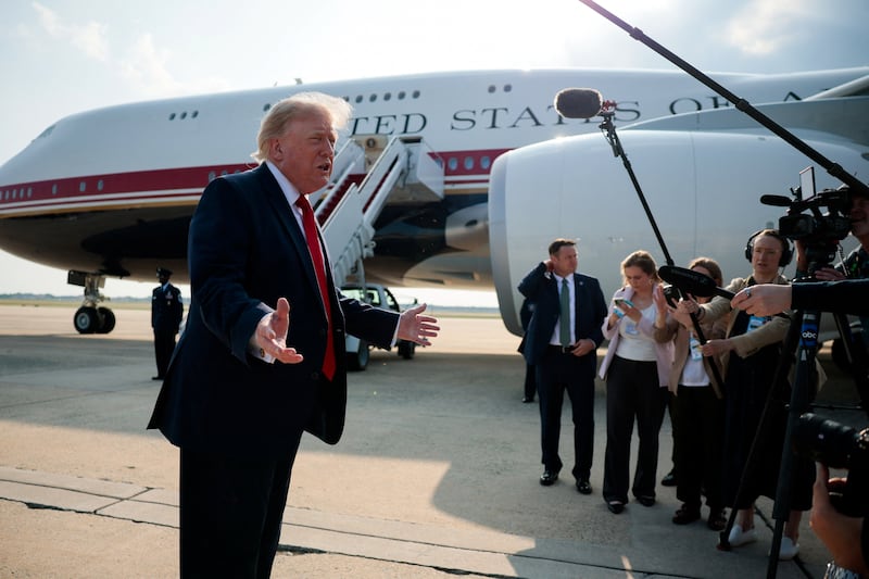 U.S. President Donald Trump gestures as he speaks with reporters before boarding the new Air Force One, a plane gifted by the Qatari government, at Joint Base Andrews, Maryland, U.S., July 1, 2026. REUTERS/Evan Vucci