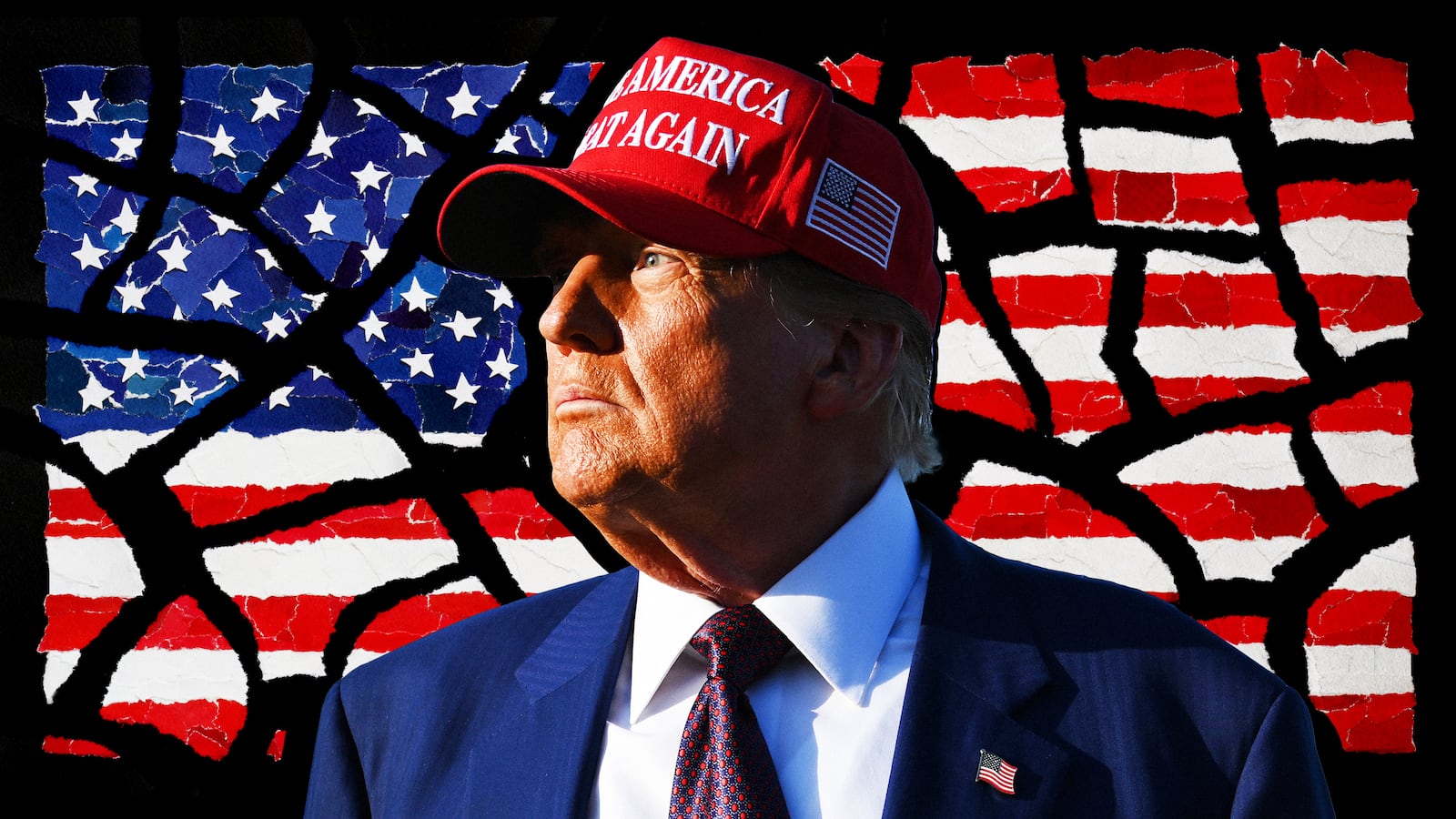 A photo illustration of Donald Trump and torn paper American flag.