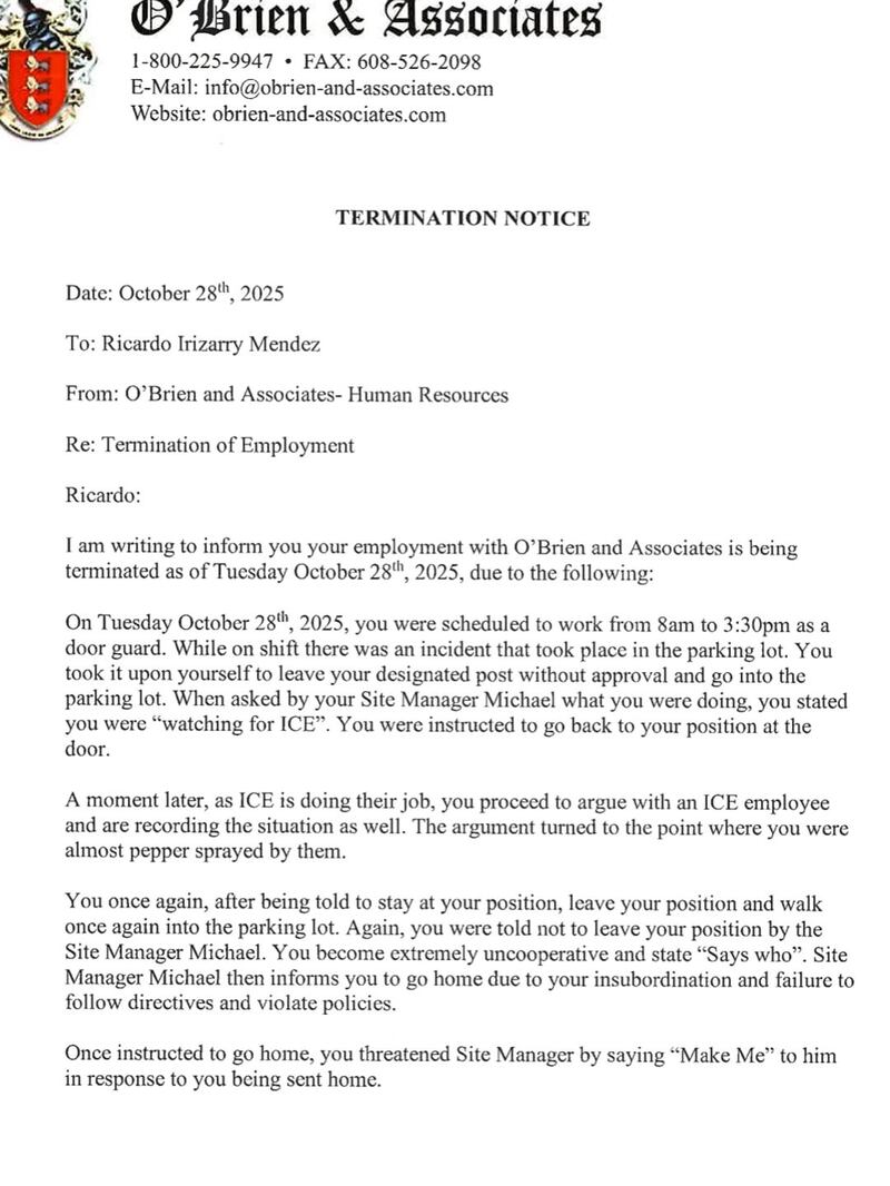 Menards' security guard Ricardo Mendez received this termination letter from his employer, contractor O'Brien & Associates.