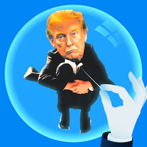 A photo illustration of Donald Trump inside a bubble about to be popped.