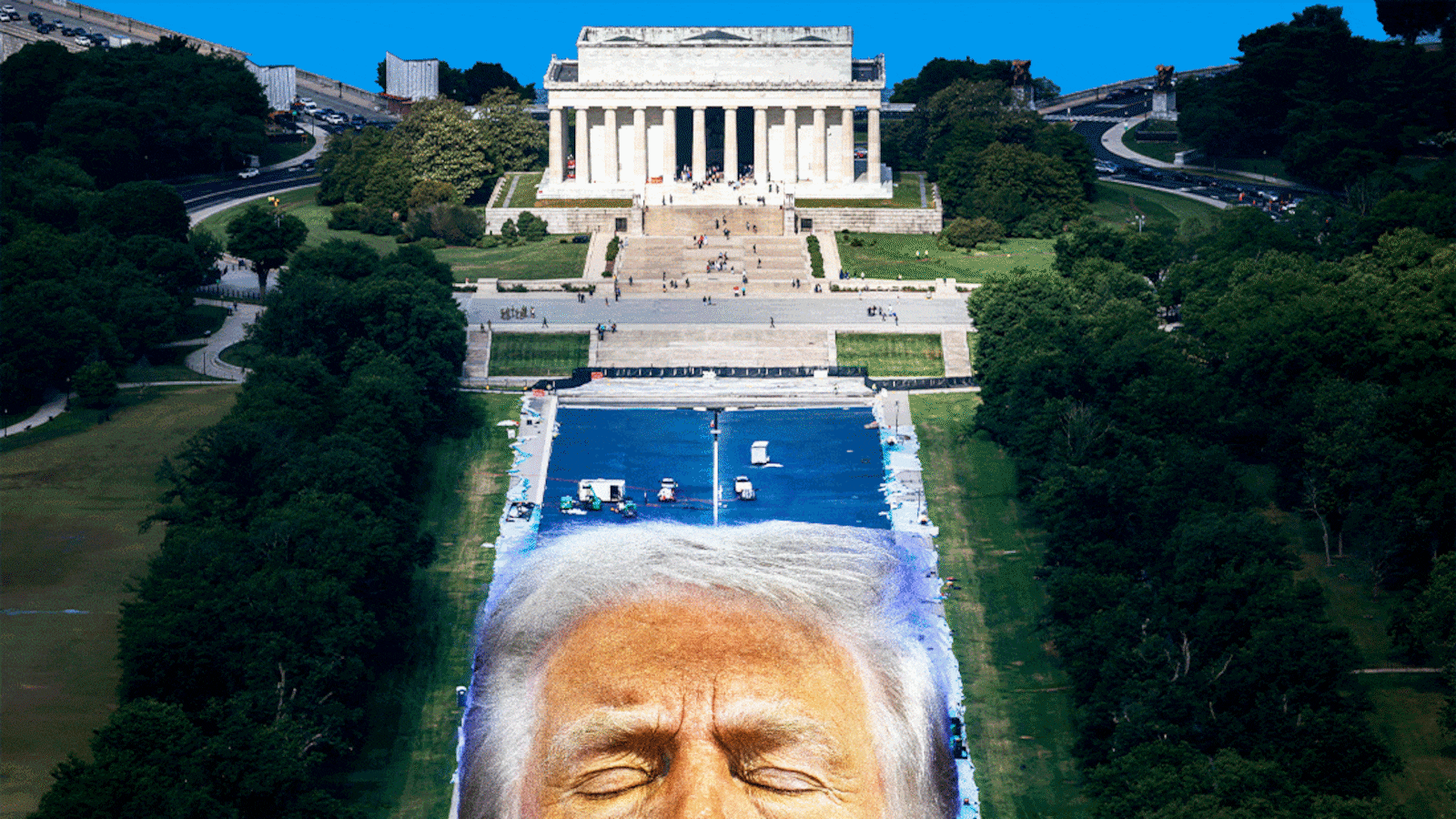 Illo illustration gif of Donald Trump moving up and down with his eyes closed in front of the renovation of the Washington Monument Reflecting Pool