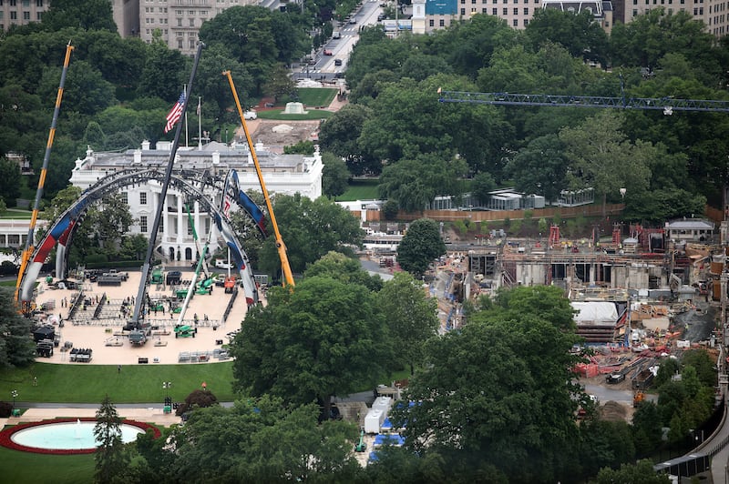 Construction continues for the upcoming UFC match alongside the ballroom addition on the South Lawn of the White House on May 26, 2026 in Washington, DC.