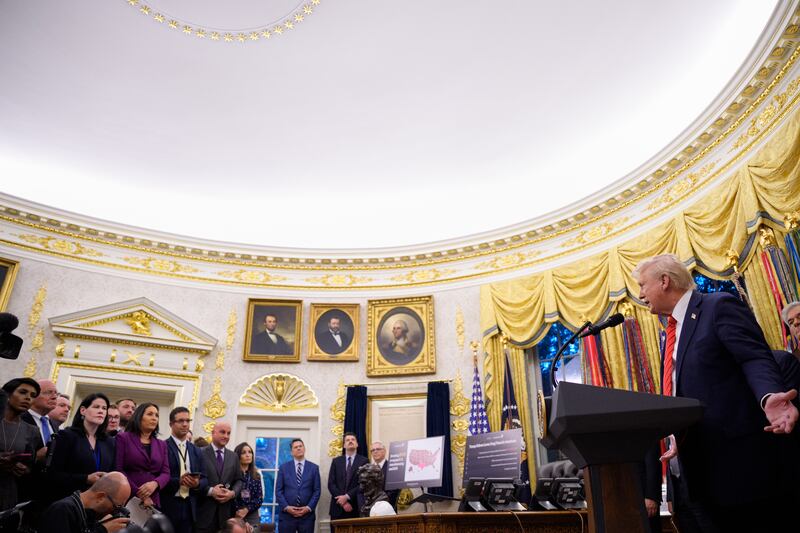 U.S. President Donald Trump speaks during an event in the Oval Office