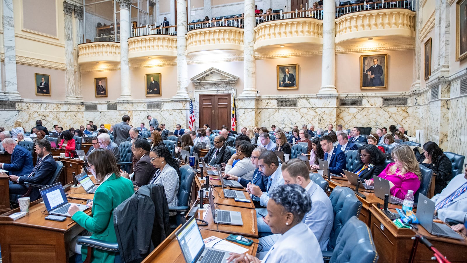 ANNAPOLIS, MD -APRIL 7: Maryland House delegates work on the last day of the 90-day legislative session on April 7, 2025. (Photo by Jonathan Newton/for The Washington Post via Getty Images)