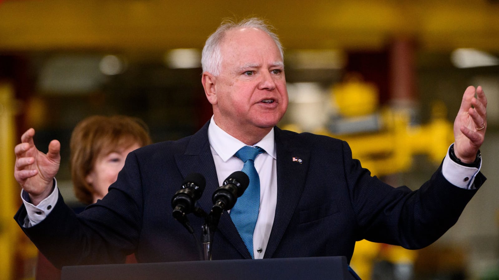 Minnesota Governor Tim Walz speaks during a visit by U.S. President Joe Biden to the Cummins Power Generation.
