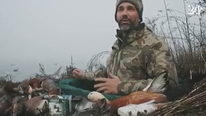 Donald Trump Jr. surrounded by dead waterfowl during a hunting trip in the Venice lagoon in December.