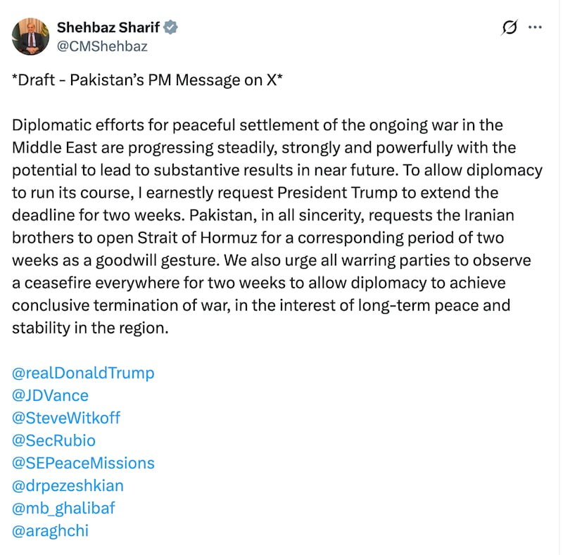 The X post from Pakistan Prime Minister Shehbaz Sharif including a draft heading.