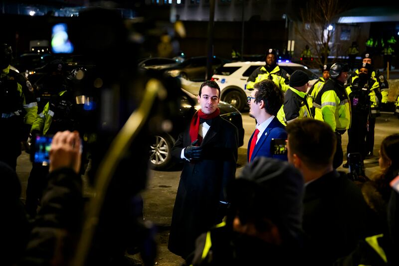 Paul Ingrassia, White House Liaison to the Justice Department, left, announces the release of brothers Andrew and Matthew Valentin outside of the DC Central Detention Facility on Jan. 20, 2025 in Washington, DC.