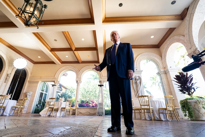 U.S. President Donald Trump speaks to reporters and members of the media at Mar-a-Lago on February 1, 2026 in Palm Beach, Florida.