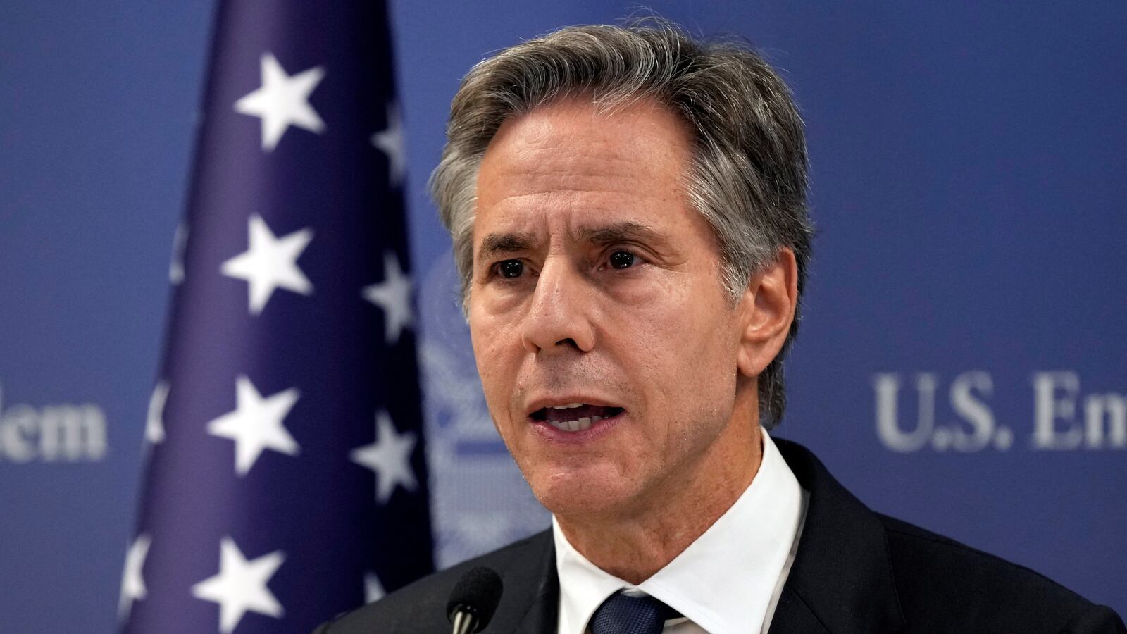 Secretary of State Antony Blinken speaks in Tel Aviv, Tuesday Oct. 17, 2023, after an overnight meeting with Israeli Prime Minister Benjamin Netanyahu.