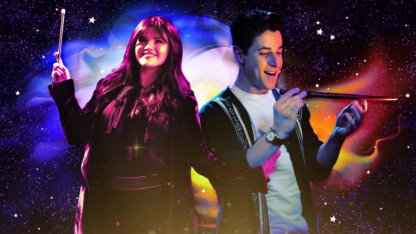 David Henrie and Selena Gomez in Wizards Beyond Waverly Place.