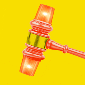 Illo illustration of a Judge gavel with red alarms going off