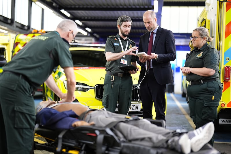 Prince William, The Prince of Wales takes part in a training demonstration during a visit to the London Ambulance Service at its headquarters in Waterloo, on Oct. 17, 2025 in London, England.