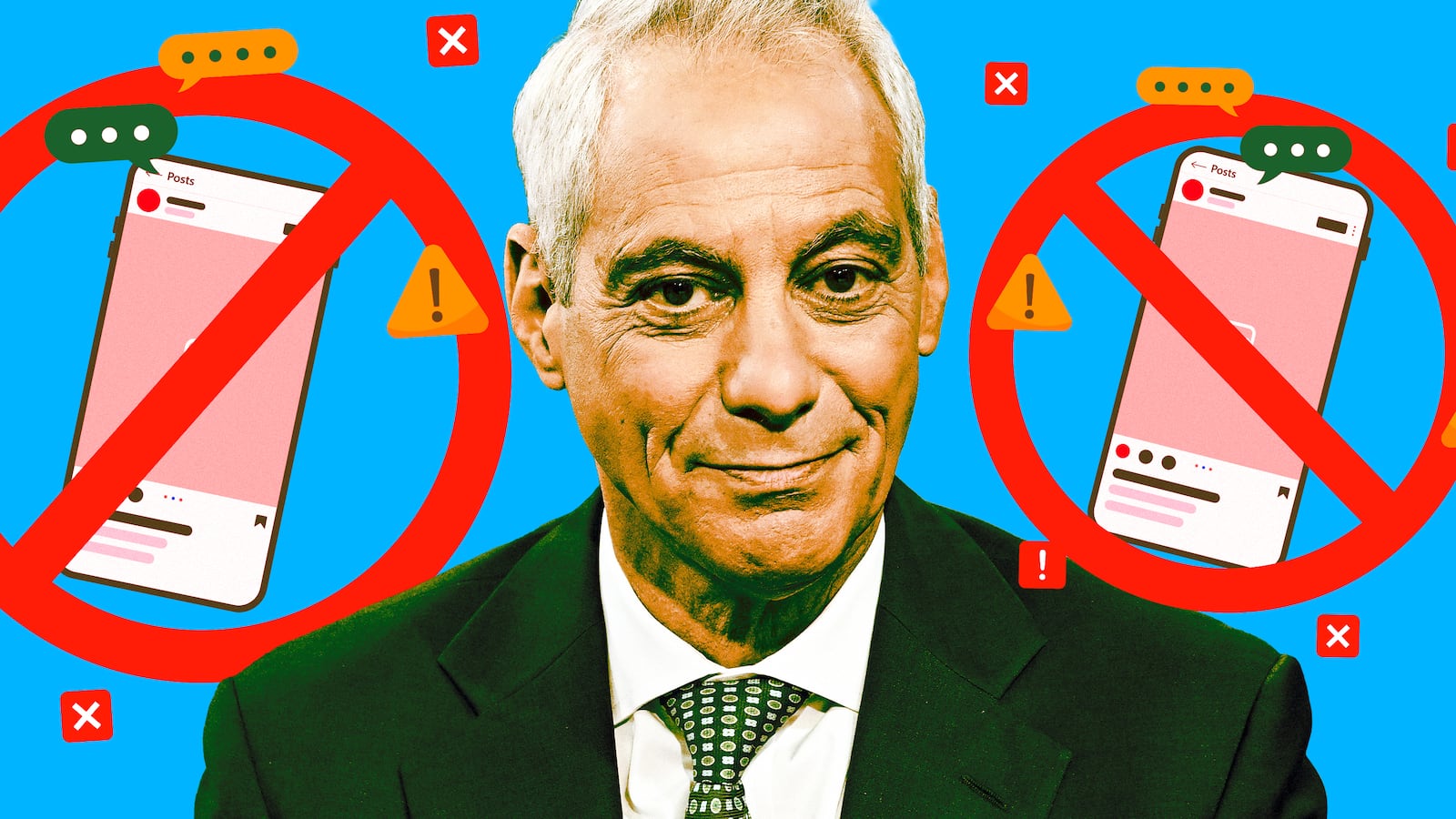 A photo illustration of Rahm Emanuel and social media ban.
