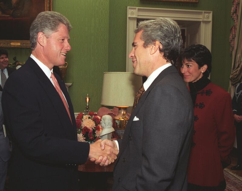 Bill Clinton shaking hands with Jeffrey Epstein with Ghislaine Maxwell behind