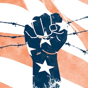 A fist grabbing barb wire. illo