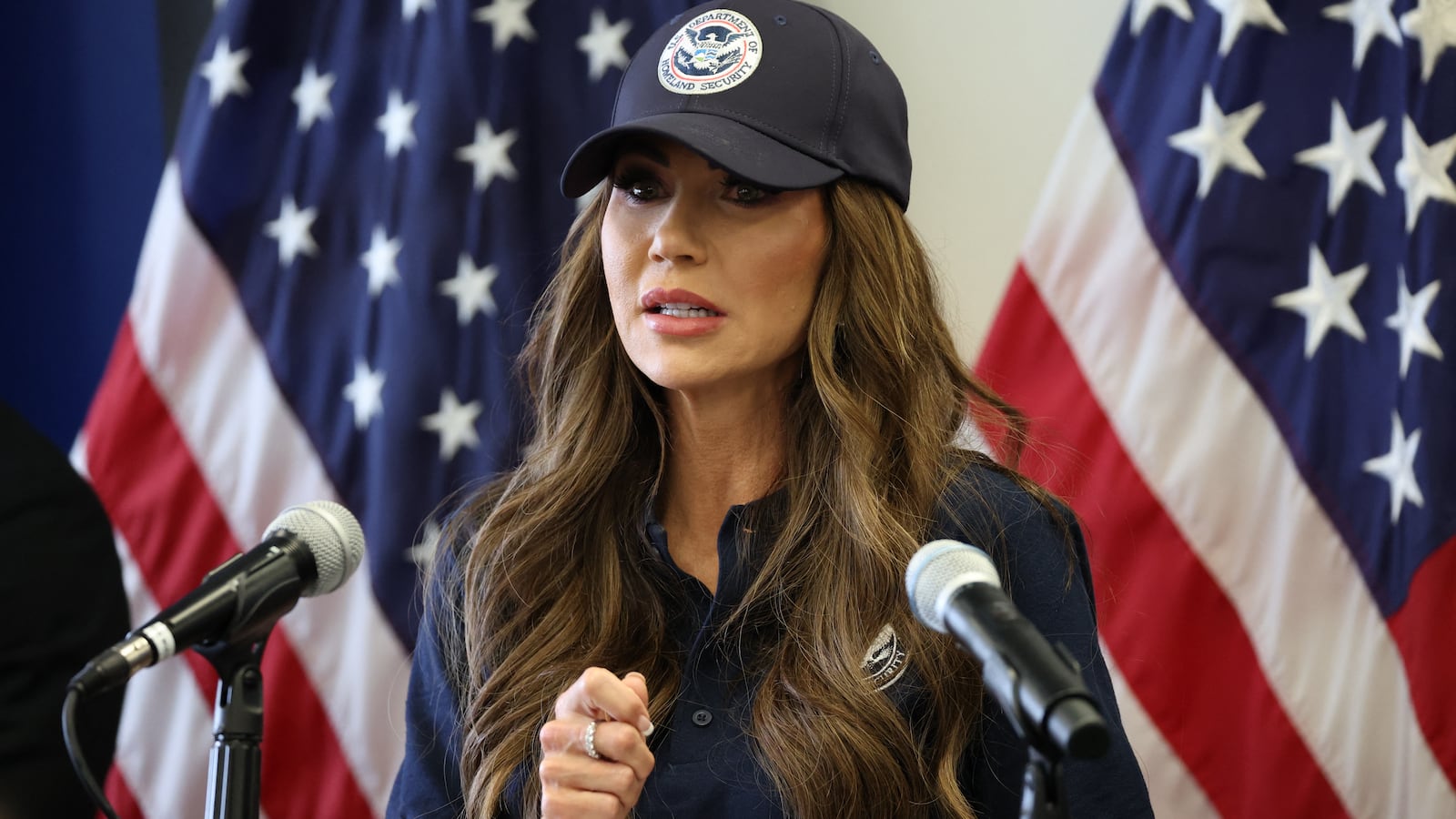 Department of Homeland Security Secretary Kristi Noem speaks during a news conference at the Wilshire Federal Building in Los Angeles on June 12, 2025.