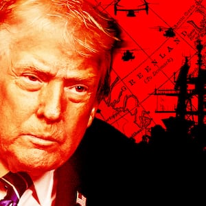 A photo illustration of Donald Trump leering at a map of Greenland alongside US military navy ship and helicopters.