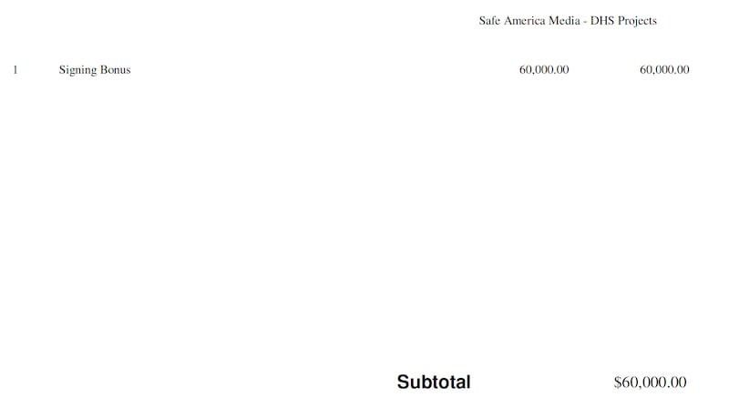 The invoice to Safe America Group from The Strategy Group for the "Signing Bonus."